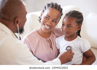 African american male paediatrician examining sick girl with stethoscope during visit with mom. Doctor checking heart lungs during checkup in hospital. Smiling daughter receiving medical care - Powered by Shutterstock