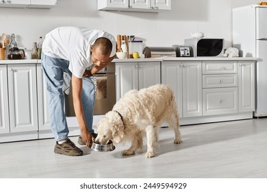 An African American man with a disability tenderly feeds his Labrador dog food from a bowl, symbolizing love and care. - Powered by Shutterstock