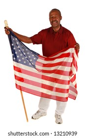 African American Man Holding American Flag With Pride On Pure White Background