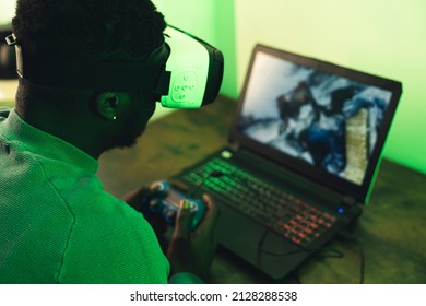 African American Man Playing Online With VR Set - Close-up Shot. High Quality Photo