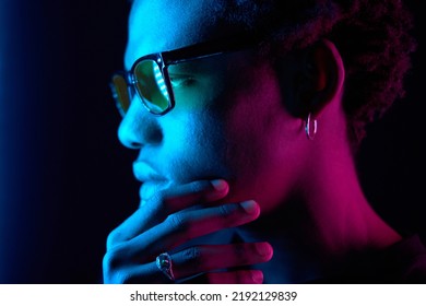  African American Man Portrait In Sunglasses, Isolated On Purple Background