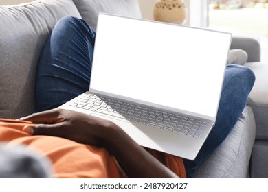 African american man relaxing on couch using laptop with copy space screen at home. Communication, technology, domestic life and lifestyle, unaltered. - Powered by Shutterstock