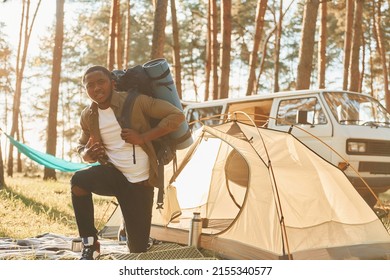 African American Man Is Traveling Alone In The Forest At Daytime At Summer.