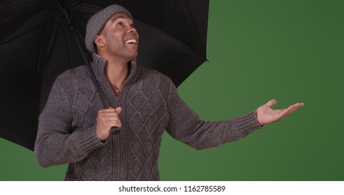 An African American Man With Umbrella Enjoying The Rain On Green Screen