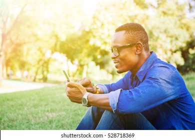 African American Man Using Mobile Phone In The Park