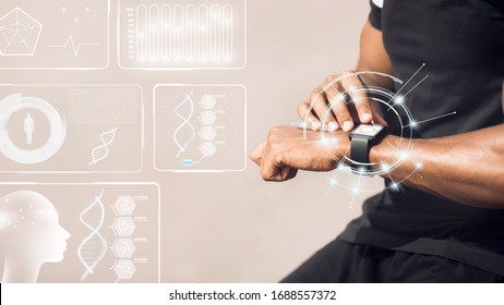 African American man using smartwatch fitness tracker on light background, collage with sports data on virtual screen. Copy space - Powered by Shutterstock