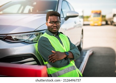 African American Man Using Towing Service For Help Car Accident On The Road. Roadside Assistance Concept.