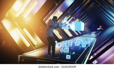 An african american man wearing a virtual reality helmet in the cyberspace of the virtual world plays a video holographic game, by shooting 3D cubes that are thrown at him - Powered by Shutterstock