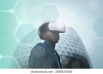 African american man wearing VR headset, futuristic setting, geometric architecture. VR technology, immersive experience, modern design with a man. VR virtual reality technology concept. - Powered by Shutterstock