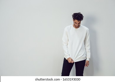 African American Man Wearing White Blank Sweatshirt. Mock-up.