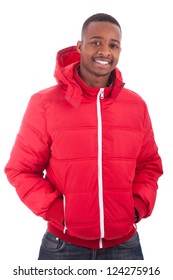 African American Man Wearing A Winter Coat, Isolated On White Background