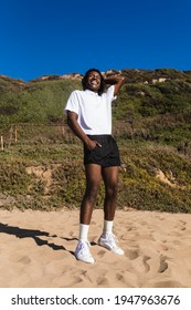 African American Man In White Polo Shirt Summer Fashion Outdoor Photoshoot