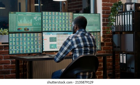 African American Man Working With Stock Market Charts And Graphs At Multi Monitors Workstation. Doing Commodities Exchange With Forex Trade To Develop Hedge Fund Numbers And Profit.