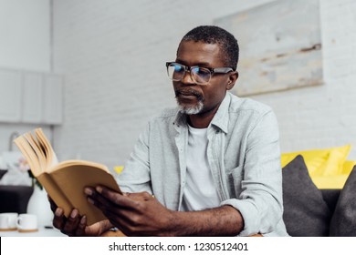 African American Mature Man In Glasses Reading Book