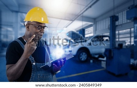 African American mechanic using car service hologram info graphic and innovation hi-technology, Components of a car engine concept.