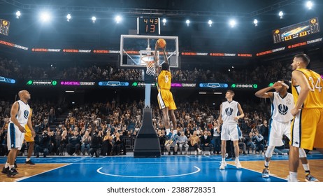 African American National Basketball Superstar Player Scoring a Powerful Slam Dunk Goal with Both Hands In Front Of Cheering Audience Of Fans. Cinematic Sports Shot with Back View Action. - Powered by Shutterstock