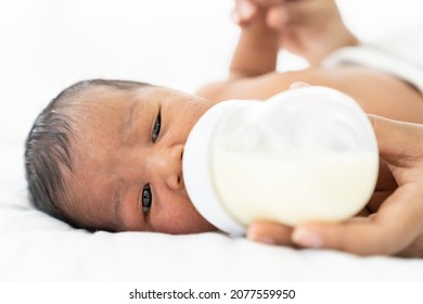 African American Newborn Baby Eating Milk From Nipples From Mother Arms. Mother Feeding Her Infant With Milk Bottle