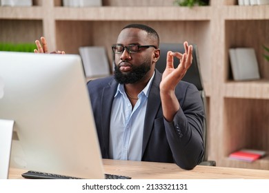 African American Office Male Employee Relaxing Doing Yoga, Practice Meditation To Reduce Stress Relief Fatigue Feel Internal Balance At Workplace, Improve Mindfulness, Maintain Mental Health Concept