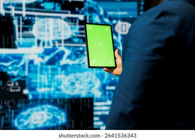 African american person holds tablet with mockup display with cloud computing, focused on AI brain development and deep learning for innovation. Smart technology data science concept.