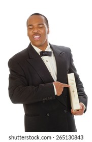 African American preacher holding and pointing at a bible, while preaching, isolated over white