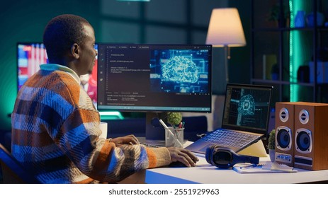 African american IT professional managing AI system for machine learning, coding software on terminal window. Futuristic interface program focuses on cybersecurity, networking for database. Camera A. - Powered by Shutterstock - Get 15% off with code: PIKWIZARD15
