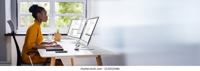 African American Programmer Woman Coding On Computer