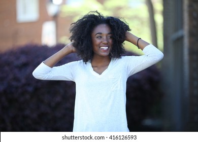 African American, Sad, Bad Mood, Depressed, Adult Student, Girl Smiling Outside White Teeth, University, United States, Model, Teenager, Teenage, Teen, Young Beautiful Girl, Female Portrait, Black, 