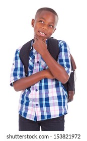 African American school boy looking up, isolated on white background - Black people