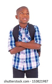 African American School Boy Looking Up, Isolated On White Background - Black People