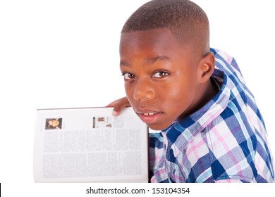 African American school boy reading a book, isolated on white background - Black people