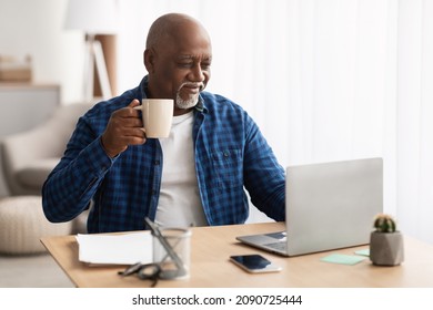 African American Senior Businessman Drinking Coffee Using Laptop Computer Sitting During Break Holding Cup At Workplace In Office. Successful Entrepreneurship And Freelance Career In Older Age