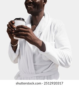 African American senior man in a bathrobe drinking coffee isolated on white background - Powered by Shutterstock