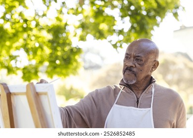 African american senior man painting on canvas on sunny terrace. Lifestyle, retirement, senior lifestyle, nature, creativity and domestic life, unaltered. - Powered by Shutterstock