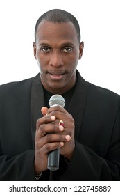 African American Singer Standing On A White Background