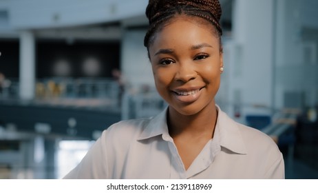 African American Smiling Businesswoman Professional Specialist Student Teacher Manager Female Lawyer Woman Smile Face Looking Camera Posing At Corporate Company Office Happy Millennial Girl Portrait