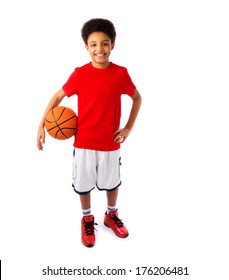 African American Smiling Teenager, Basketball Player Posing With A Ball In His Hand Isolated On White Background. Full Body Portrait. 