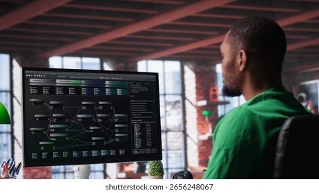 African american software developer does visual coding and creating software, implementing algorithms. IT expert at home working with notes tree and code language, app performance. Camera A.