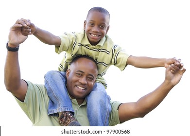 African American Son Rides Dad's Shoulders Isolated on a White Background.