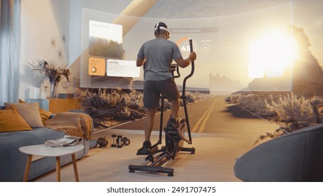 African American sportsman wearing AR headset trains on orbitrek. Virtual screen shows landscape and fitness application interface with timer and health care statistics. Metaverse futuristic home gym. - Powered by Shutterstock