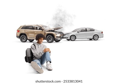 African american student sitting on the floor with injured knee from a car collision isolated on white background - Powered by Shutterstock