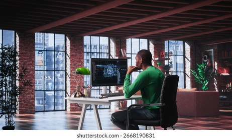 African american technician writes code on AI brain neural network for machine learning, doing maintenance and debugging the software systems. IT expert uses programming language. Camera B.