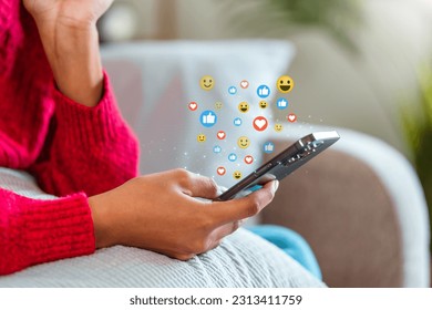 African American teenage woman using a smartphone with Icon communication network social media network pop notification  concept. - Powered by Shutterstock