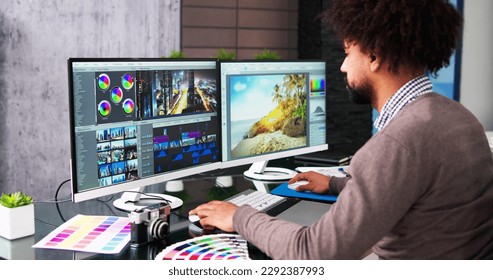 African American Video Editor Tech Job Using Computer - Shutterstock ID 2292387993