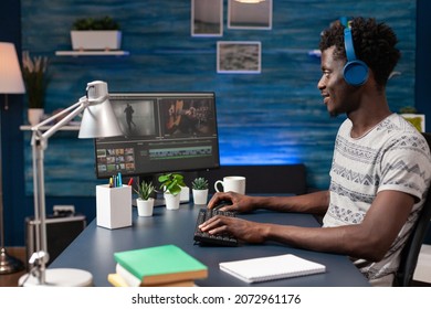 African american videographer editing video montage for visual effects movie project on computer. Filmmaker editor working remote from home at footage using digital post production software