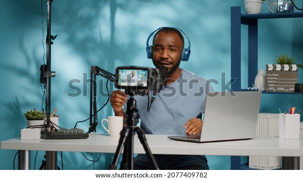 African American Vlogger Using Camera Record Stock Photo 2077409782 