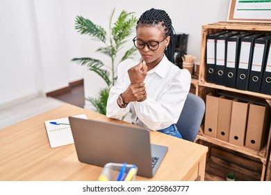 African American Woman Business Worker Suffering For Wrist Pain Working At Office