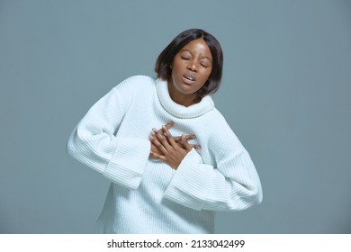 African American Woman Choking Feeling Pain Ache Touching Chest Suffer From Heartache, Shortness Of Breath, Panic Attack