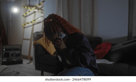 African american woman detective on phone at a night crime scene indoors with evidence and police tape in background. - Powered by Shutterstock