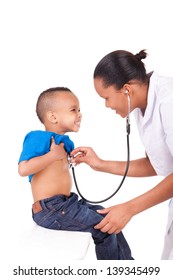 African American Woman Doctor With Child Isolated