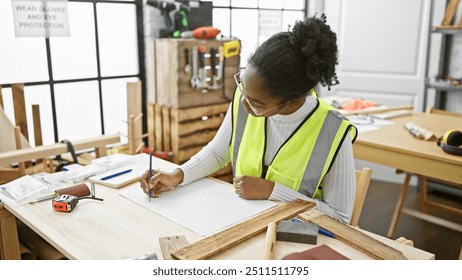 African american woman drafts plans in a well-equipped carpentry workshop, wearing safety vest and glasses. - Powered by Shutterstock